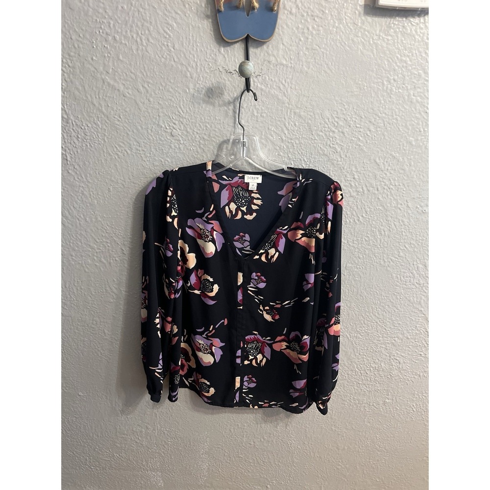 J‎ Crew Floral 3/4  Sleeves Blouse Size 2 Black Purple